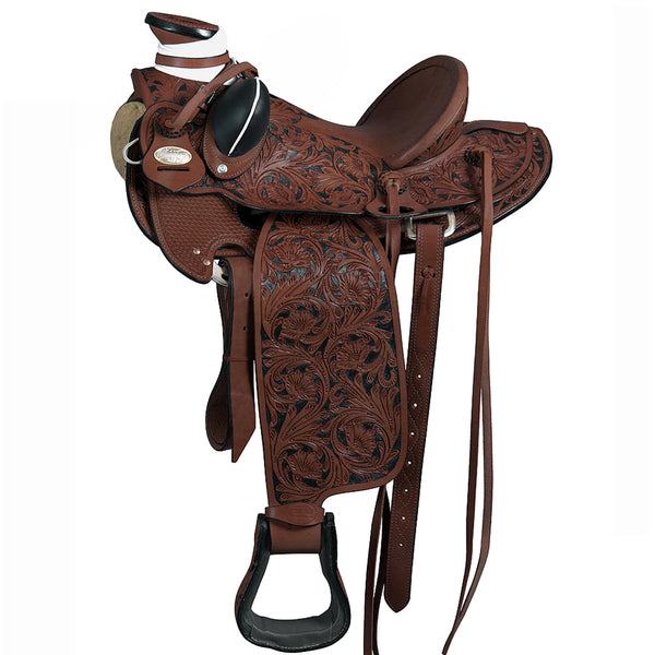 Brown leather western saddle with tooled floral design - Uhorse