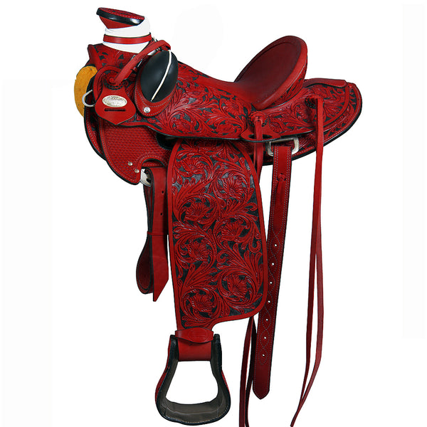 Red leather western saddle with floral tooling - Uhorse