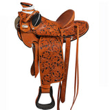 Orange leather western saddle with tooled floral design - Uhorse
