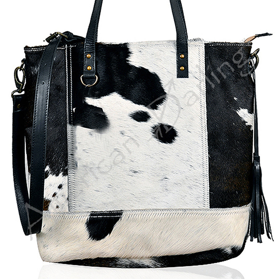 Black and white cowhide leather tote bag with fringe - Uhorse