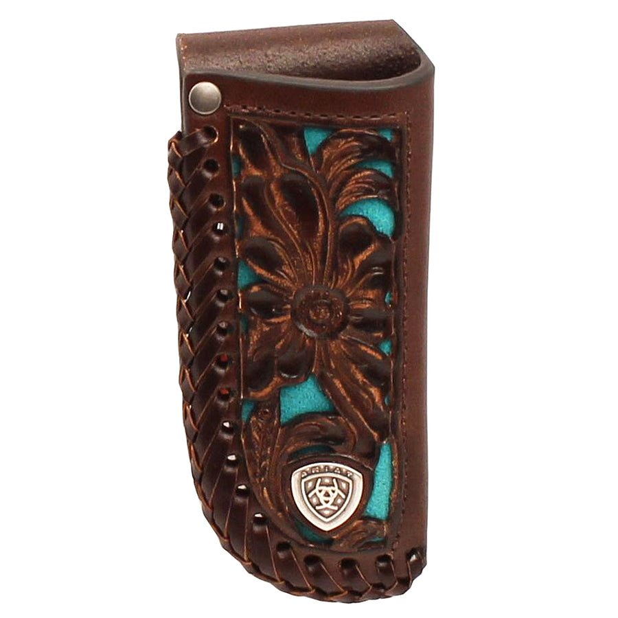 Ariat Leather Knife Sheath Floral Embossed Overlay Turquoise Underlay by Hilason – Cowboy and equestrian accessories