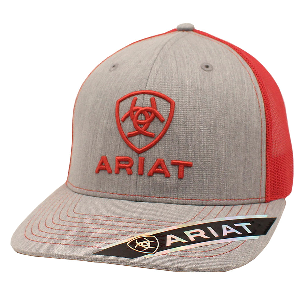 Ariat Mens Logo Snapback Cap Contrast Stitching Mesh Back Grey Red