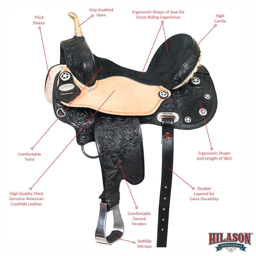 HILASON Flex Tree Western Horse Saddle American Leather Trail Barrel Black | for Horses