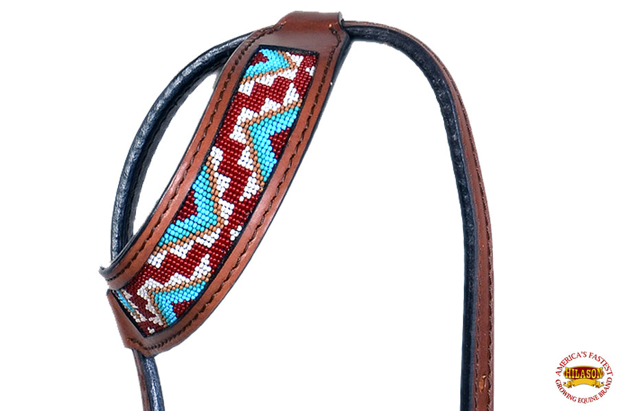 HILASON Western Horse Headstall Bridle American Leather w/ Beaded Aztec Brown