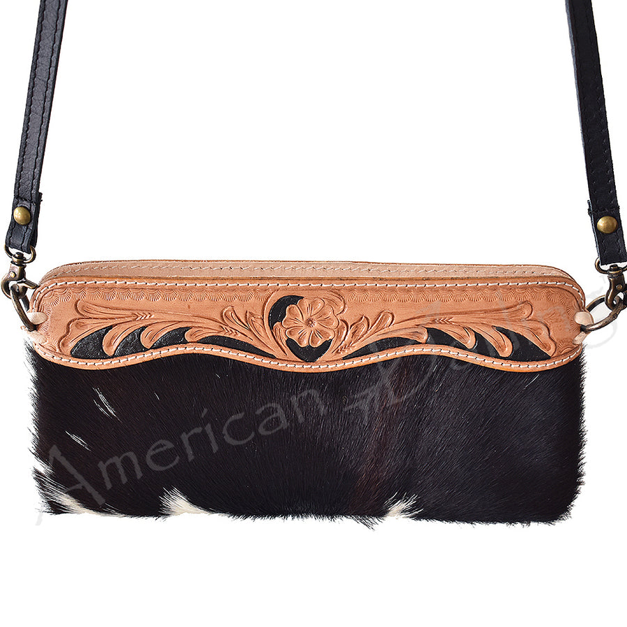 Black and cream cowhair crossbody bag with tooled leather trim - Uhorse