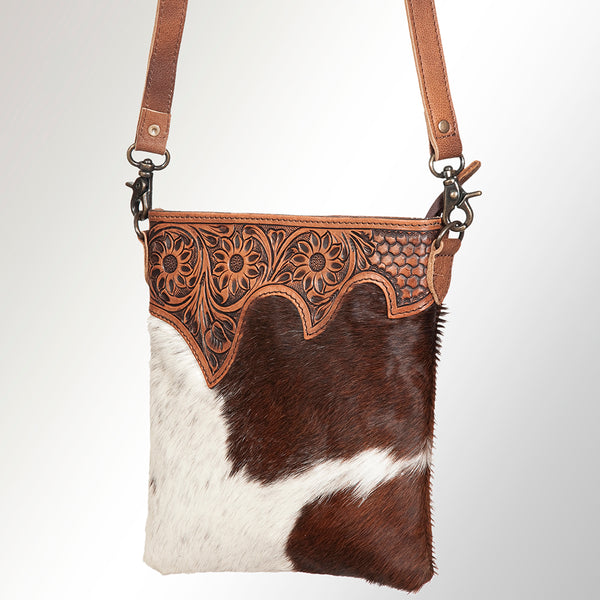 American Darling Western Wallet Bag - Hand-Tooled Floral and Hair-On Cowhide Crossbody - Uhorse