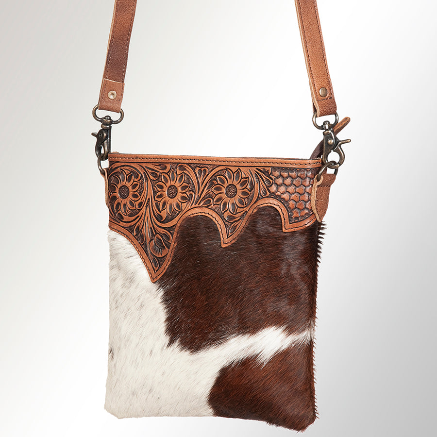 American Darling Western Wallet Bag - Hand-Tooled Floral and Hair-On Cowhide Crossbody - Uhorse