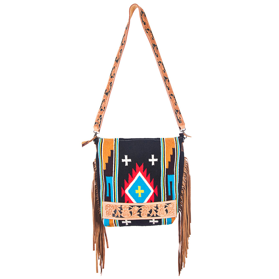 American Darling CrossBody Bag Hand Tooled Saddle Blanket Fabric Genuine Leather Western Women Handbag | for