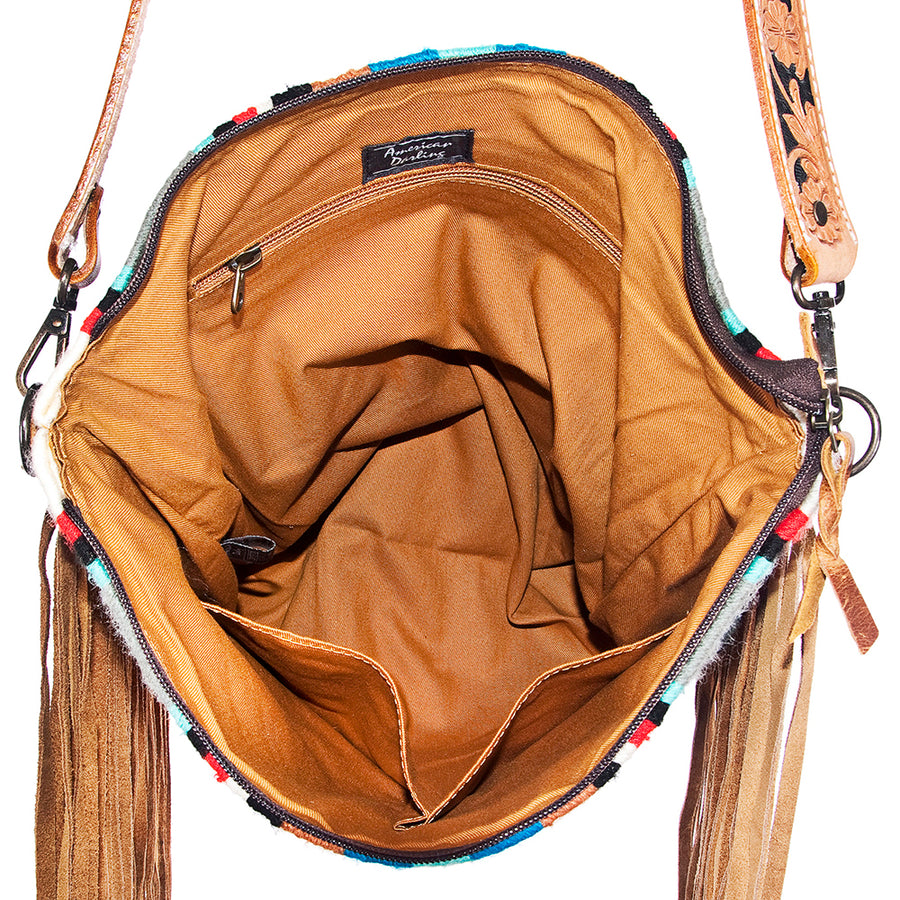 American Darling Messenger Bag - Genuine Leather Western Handbag with Hand Tooled Floral Strap, Saddle Blanket & Fringe