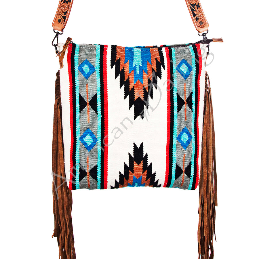American Darling Western Messenger Bag - Hand Tooled Leather and Woven Saddle Blanket with Fringes - Uhorse
