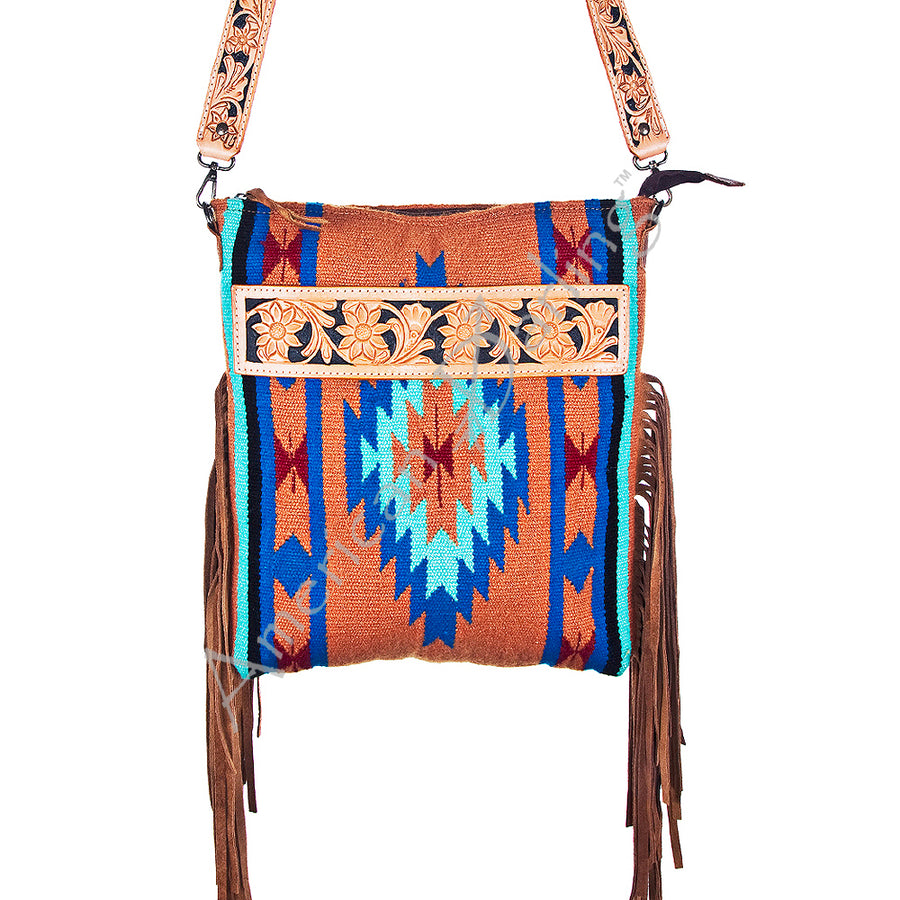 Woven geometric crossbody bag with fringe and tooled leather strap - Uhorse