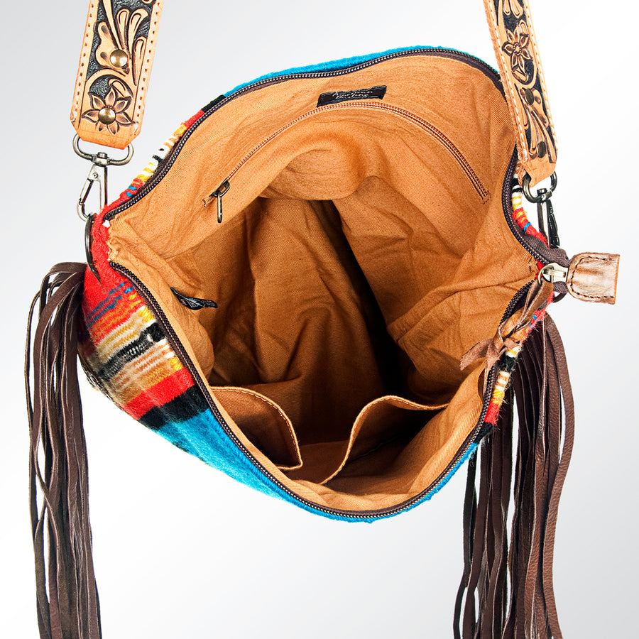 American Darling Large Cross body Bag - Western Genuine Leather Hand Tooled Floral Purse with Woven Saddle Blanket & Fringe