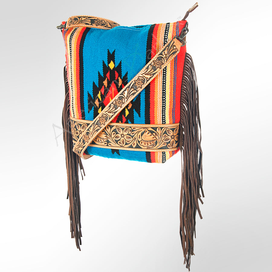 American Darling Large Cross body Bag - Hand Tooled Floral Leather and Woven Saddle Blanket - Uhorse