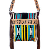 American Darling Large Cross body Bag - Hand Tooled Floral Leather and Woven Saddle Blanket - Hilason