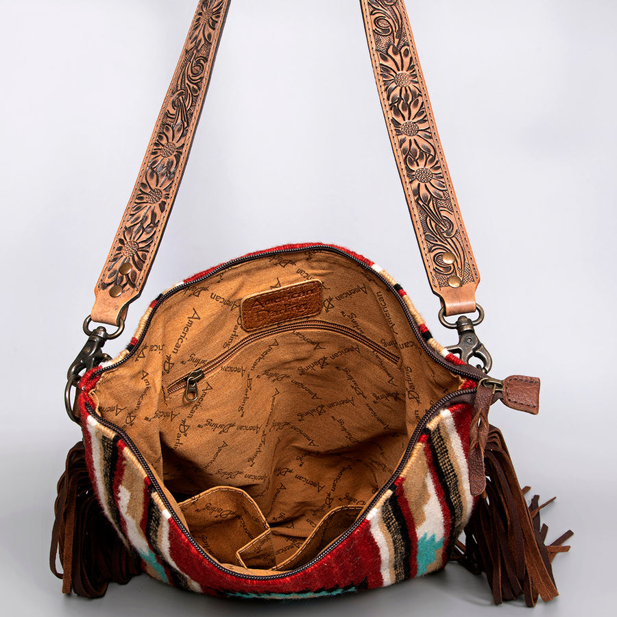 American Darling Large Cross body Bag - Western Genuine Leather Hand Tooled Floral Purse with Woven Saddle Blanket & Fringe