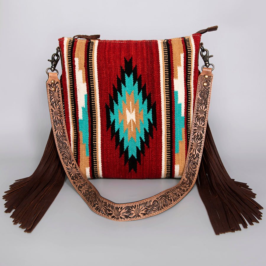 American Darling Large Cross body Bag - Hand Tooled Floral Leather and Woven Saddle Blanket - Hilason