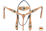 HILASON Western Horse Leather Headstall & Breast Collar Tack Set Crimson Aztec