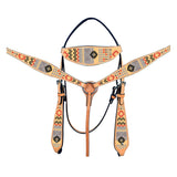 HILASON Western Horse Leather Headstall & Breast Collar Tack Set Crimson Aztec