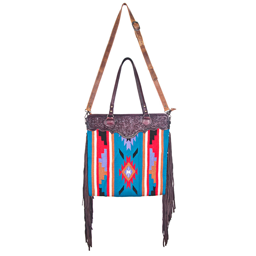 American Darling Large Cross body Bag - Western Genuine Leather Hand Tooled Floral Purse with Woven Saddle Blanket & Fringe