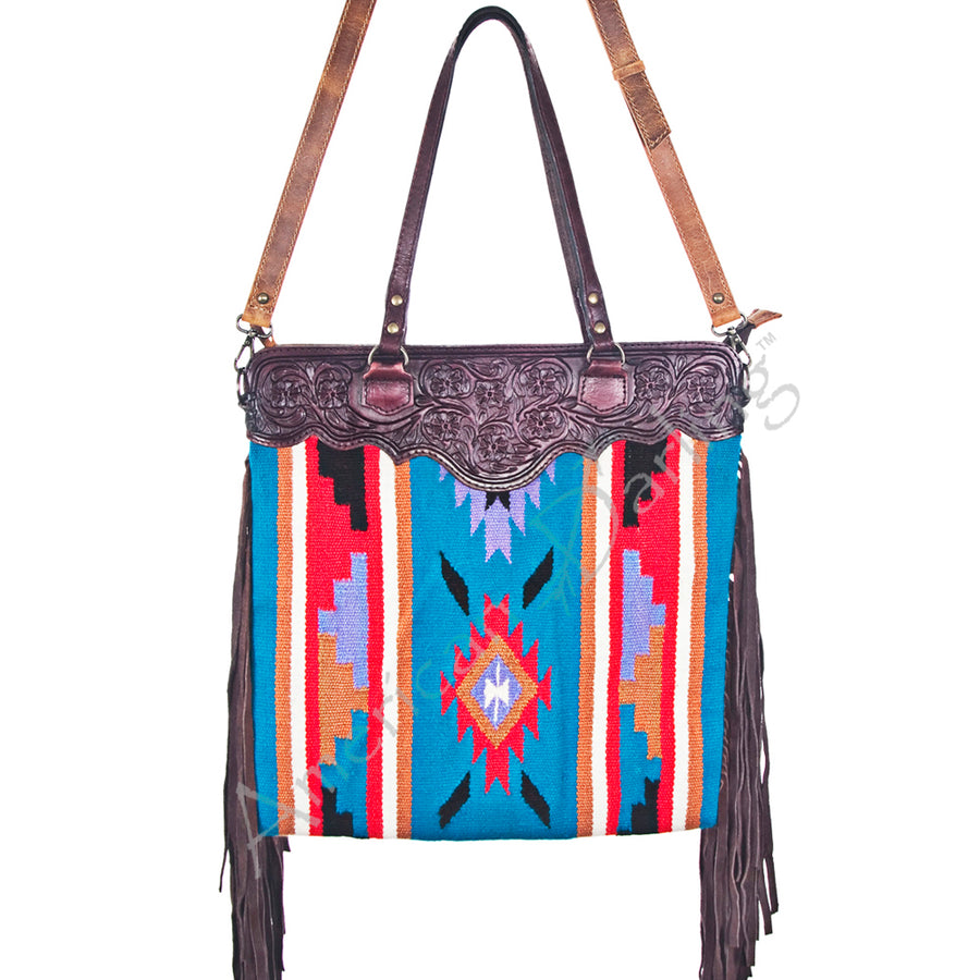 American Darling Large Cross body Bag - Hand Tooled Leather and Woven Saddle Blanket - Hilason