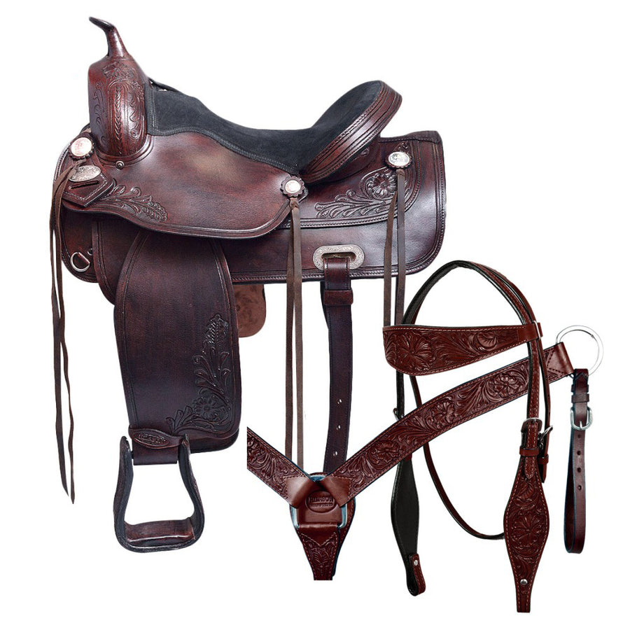 16 Inch HILASON Western Horse Genuine Leather Floral Design American Treeless Trail Saddle Antique Dark Brown - Uhorse