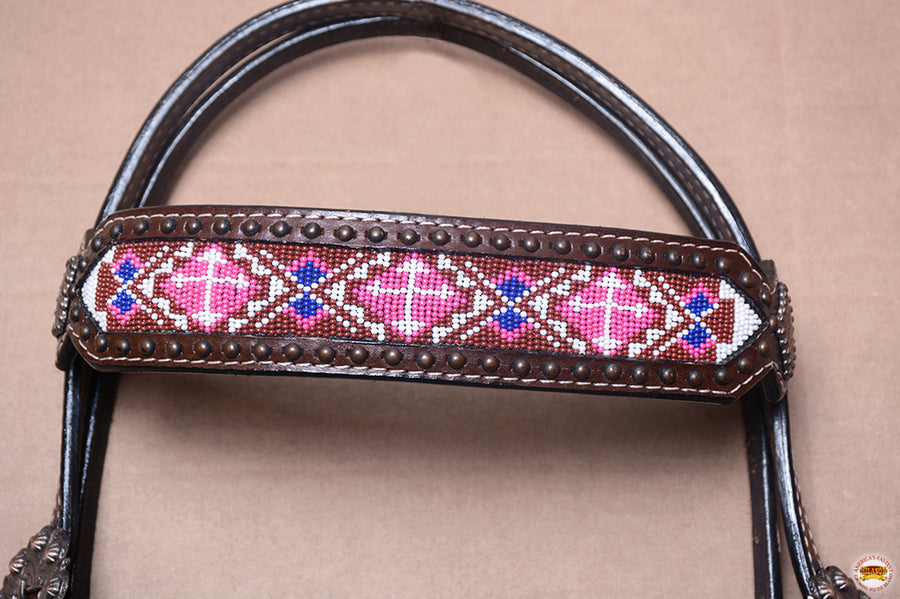 Hilason Western Horse Headstall Bridle American Leather w/ Beaded Pink