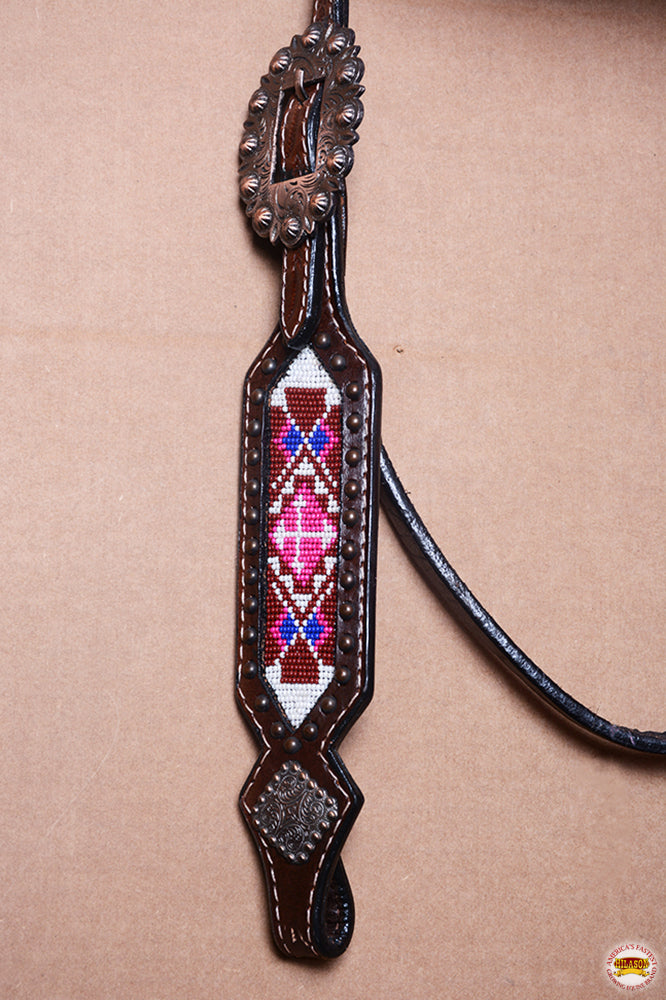 Hilason Western Horse Headstall Bridle American Leather w/ Beaded Pink