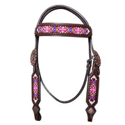 Hilason Western Horse Headstall Bridle American Leather w/ Beaded Pink