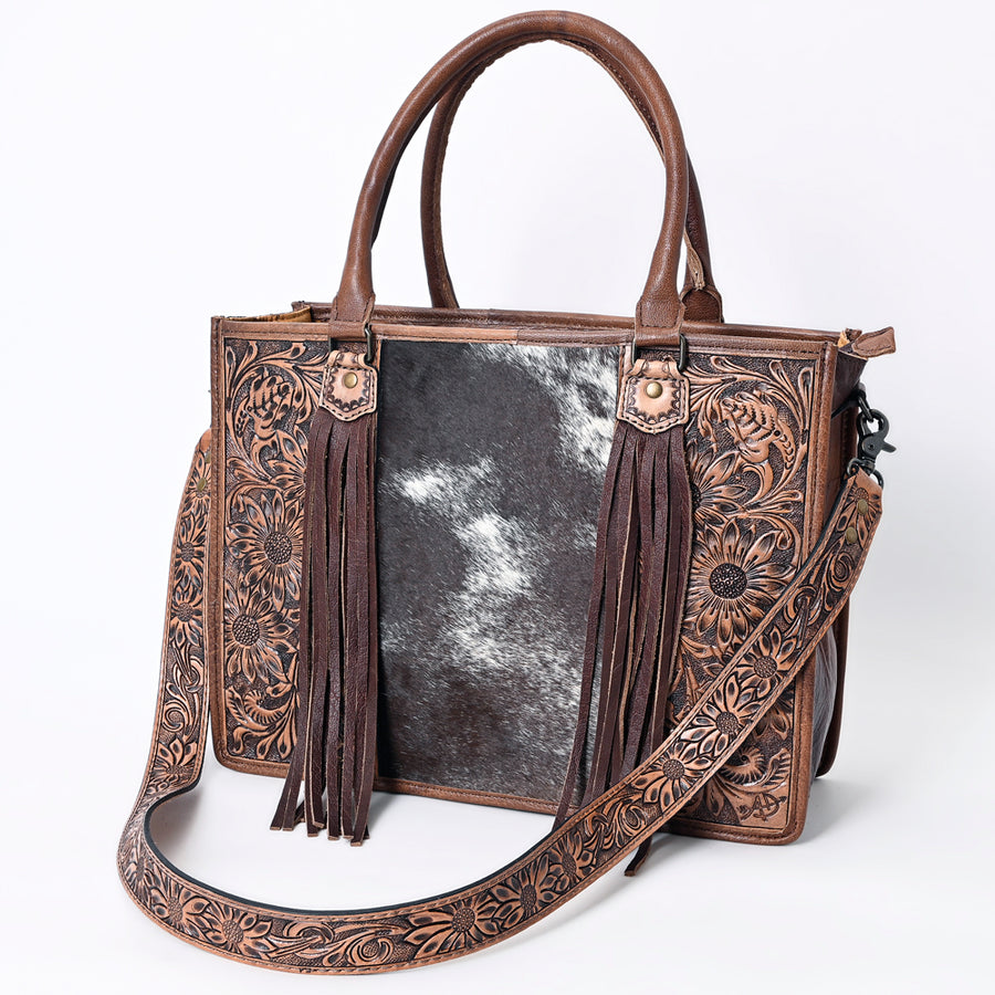 American Darling Western Tote Bag - Handcrafted Hair-On Cowhide and Hand-Tooled Leather - Uhorse