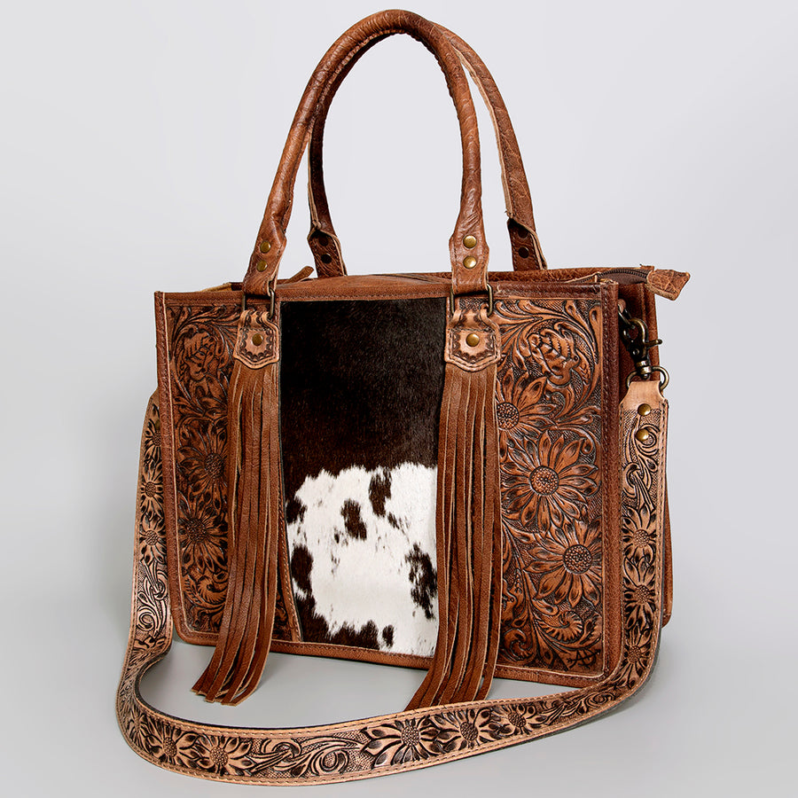 American Darling Western Tote Bag - Handcrafted Hair-On Cowhide and Hand Tooled Leather - Uhorse