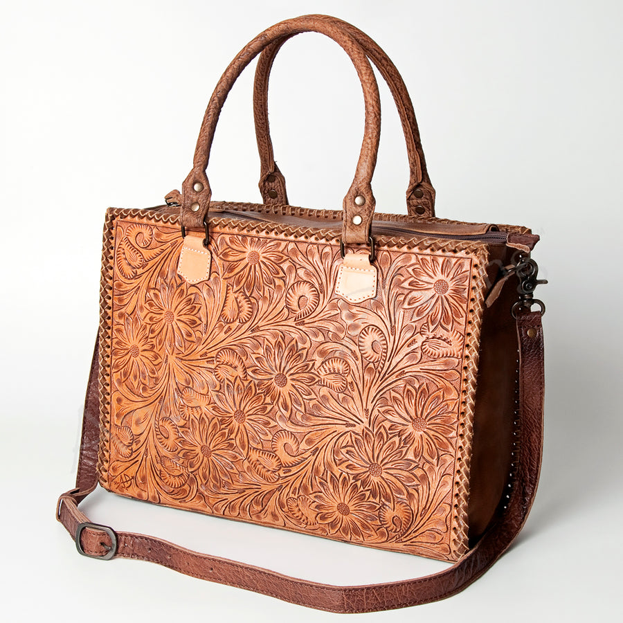 American Darling Western Leather Tote Bag - Hand Tooled Floral Carved Braided Purse - Uhorse