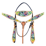 HILASON Western Horse Genuine American Leather Headstall & Breast Collar Set Blooming Cactus | Leather Headstall | Leather Breast Collar | Tack Set for Horses | Horse Tack Set