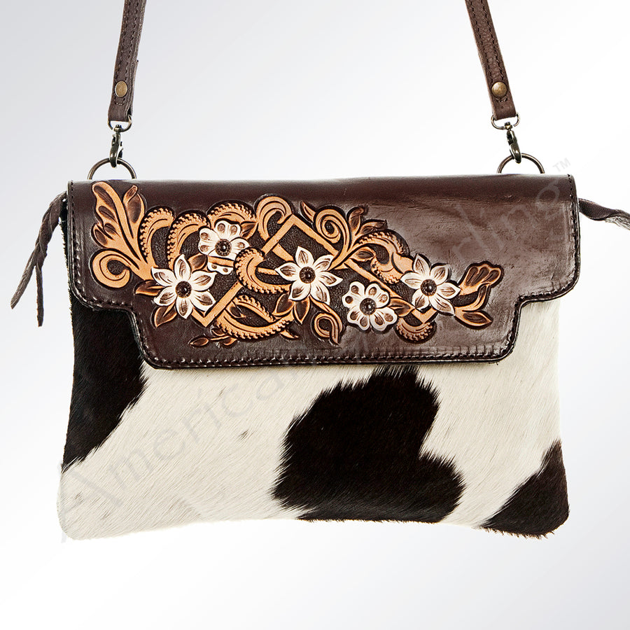 American Darling Envelop Bag Handcrafted from Hand Tooled Genuine Leather and Hair-On Cowhide with Crossbody Strap & YKK Zipper