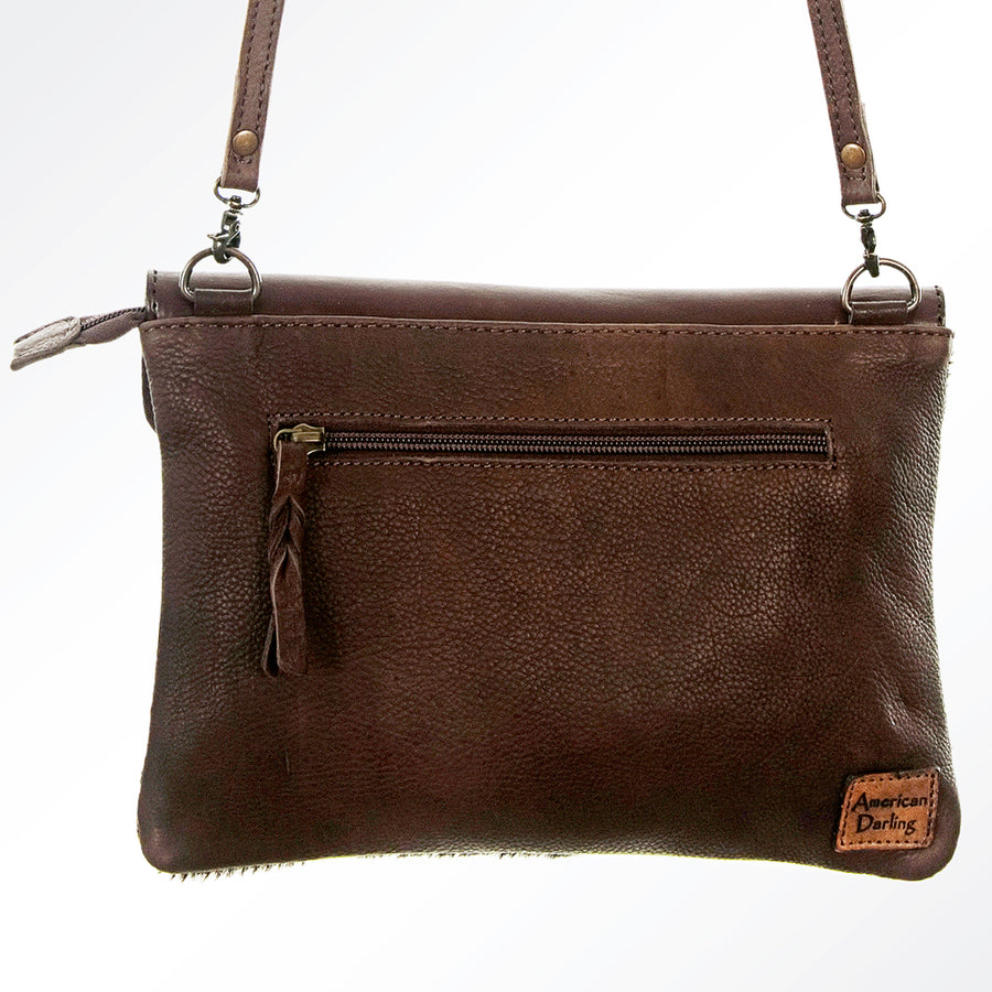 American Darling Envelop Bag Handcrafted from Hand Tooled Genuine Leather and Hair-On Cowhide with Crossbody Strap & YKK Zipper