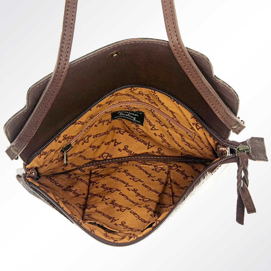 American Darling Envelop Bag Handcrafted from Hand Tooled Genuine Leather and Hair-On Cowhide with Crossbody Strap & YKK Zipper