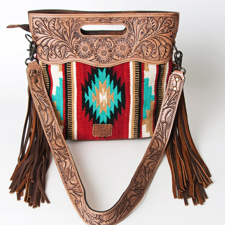 American Darling Signature Cross Body Bag Handcrafted from Hand Tooled Leather and Woven Saddle Blanket with Side Fringes