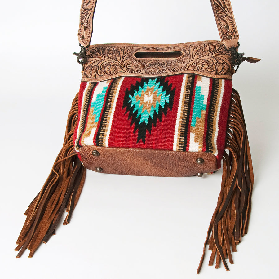 American Darling Signature Cross Body Bag Handcrafted from Hand Tooled Leather and Woven Saddle Blanket with Side Fringes
