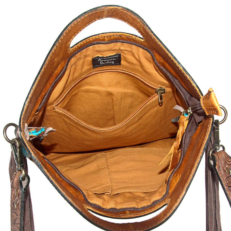 American Darling Signature Cross Body Bag Handcrafted from Woven Saddle Blanket & Hand Tooled Genuine Leather with Fringes
