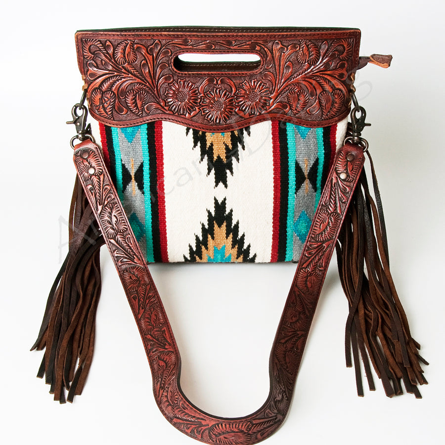 American Darling Signature Cross body Bag Handcrafted from Hand Tooled Leather and Woven Saddle Blanket with Side Fringes