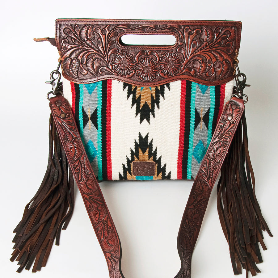 American Darling Signature Cross body Bag Handcrafted from Hand Tooled Leather and Woven Saddle Blanket with Side Fringes