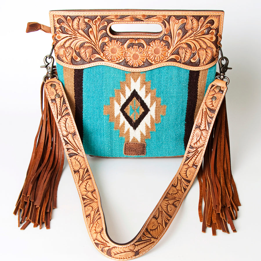 American Darling Signature Cross body Bag, Hand Tooled Floral Leather, Woven Saddle Blanket with Fringes, Western Crossbody