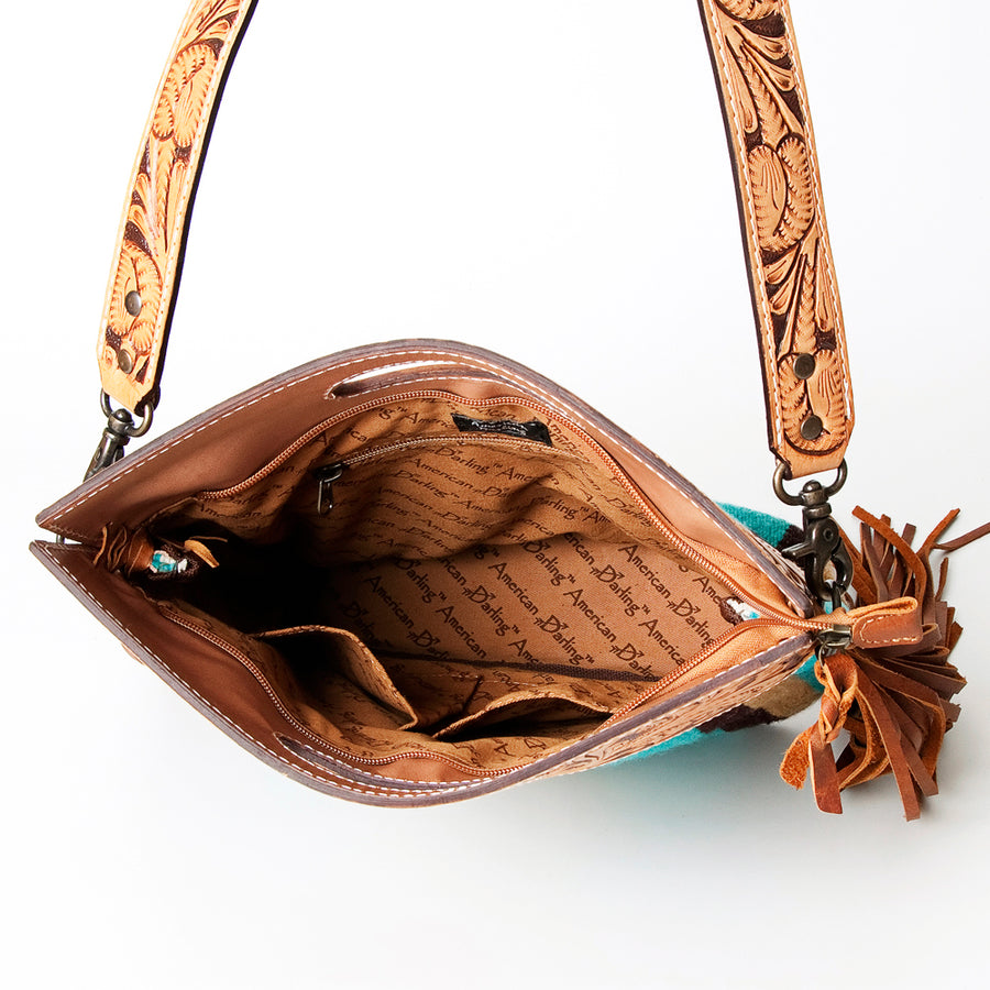 American Darling Signature Cross body Bag, Hand Tooled Floral Leather, Woven Saddle Blanket with Fringes, Western Crossbody