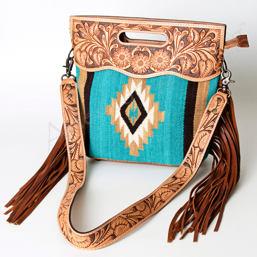 American Darling Signature Cross body Bag - Hand Tooled Leather and Woven Saddle Blanket Purse - Uhorse