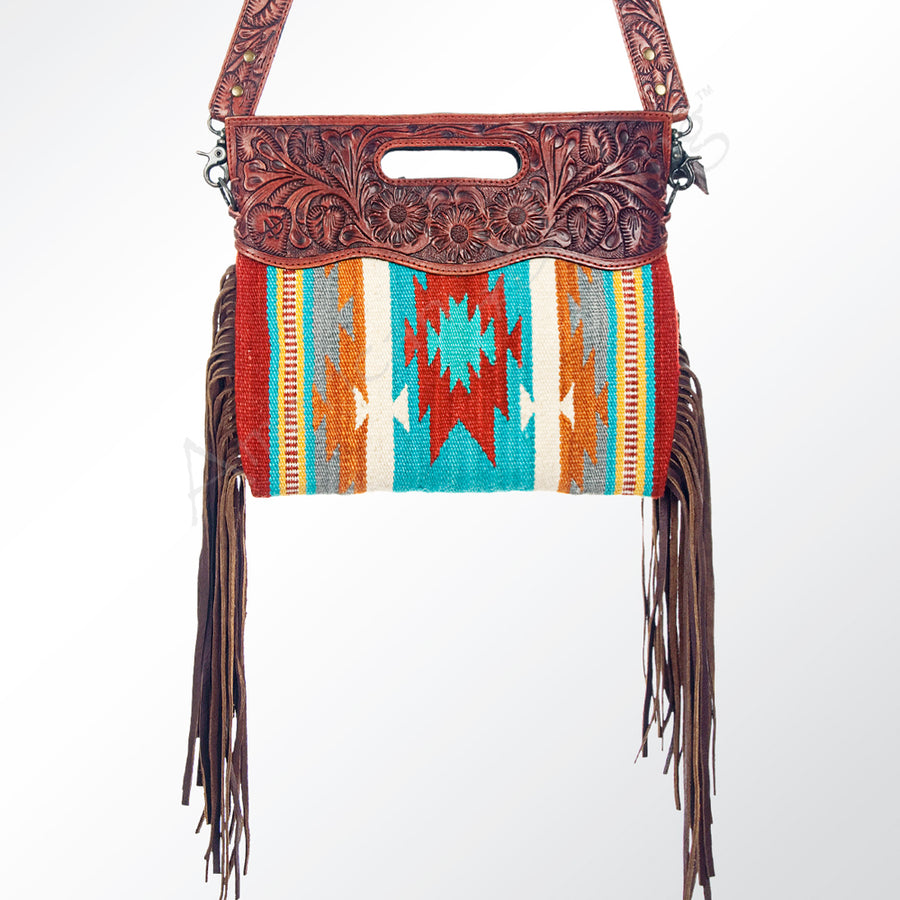 American Darling Signature Cross body Bag, Hand Tooled Floral Leather, Hand Woven Saddle Blanket with Fringes, Western Purse