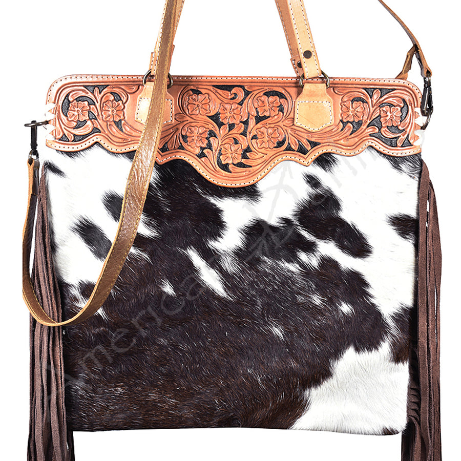 American Darling ADBGS143BRW Tote Hand Tooled Hair On Genuine Leather by Hilason – Cowboy and equestrian accessories