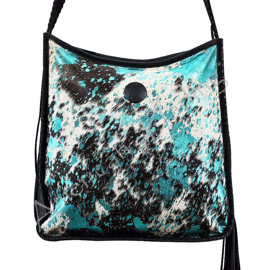 Turquoise and black cowhair shoulder bag with tassel - Uhorse