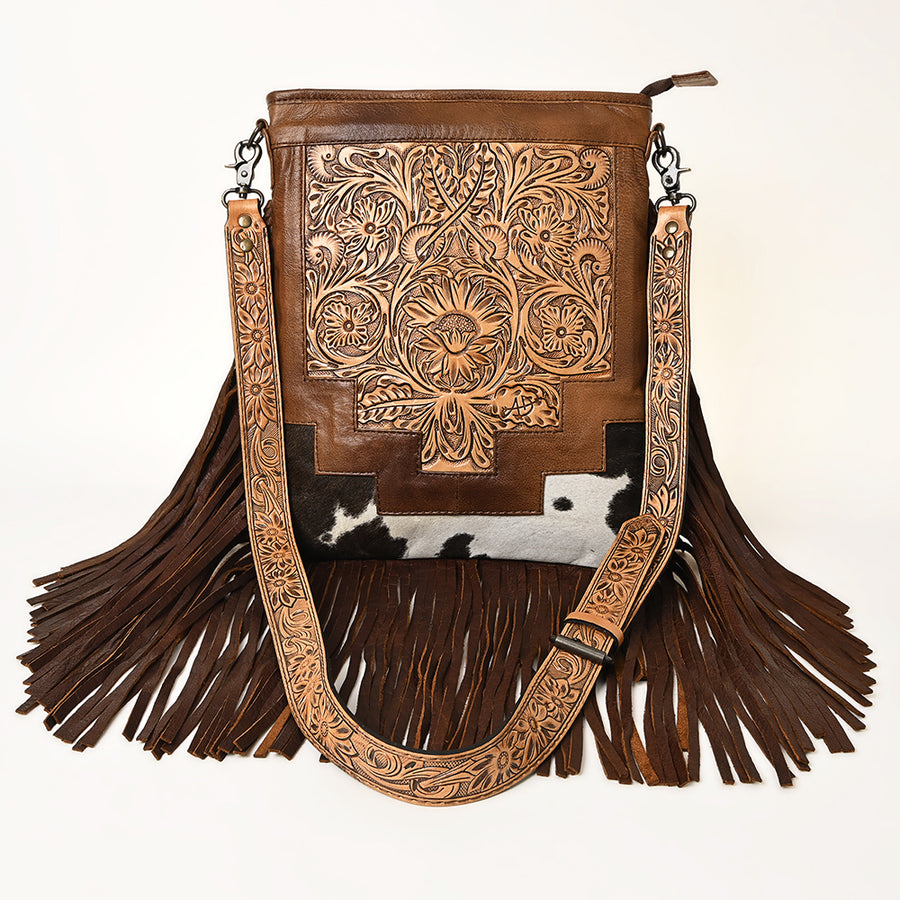 American Darling Messenger Bag, Hand Tooled Floral Leather, Hair-On Cowhide with Fringes, Western Crossbody Travel Purse