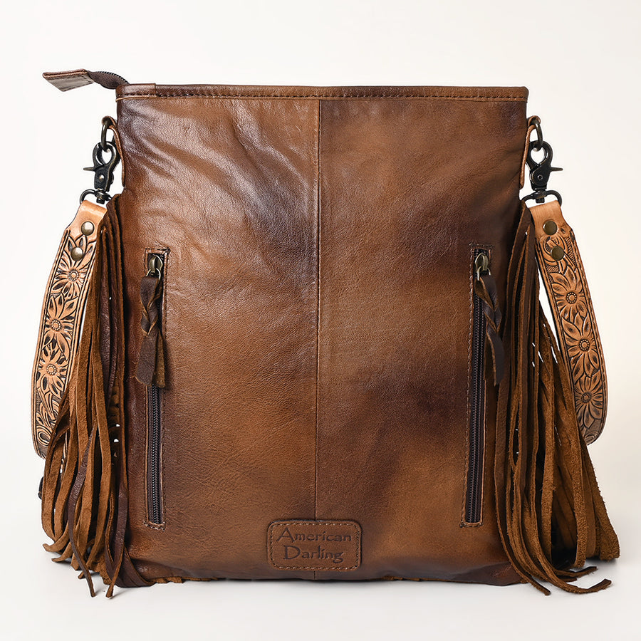 American Darling Messenger Bag, Hand Tooled Floral Leather, Hair-On Cowhide with Fringes, Western Crossbody Travel Purse