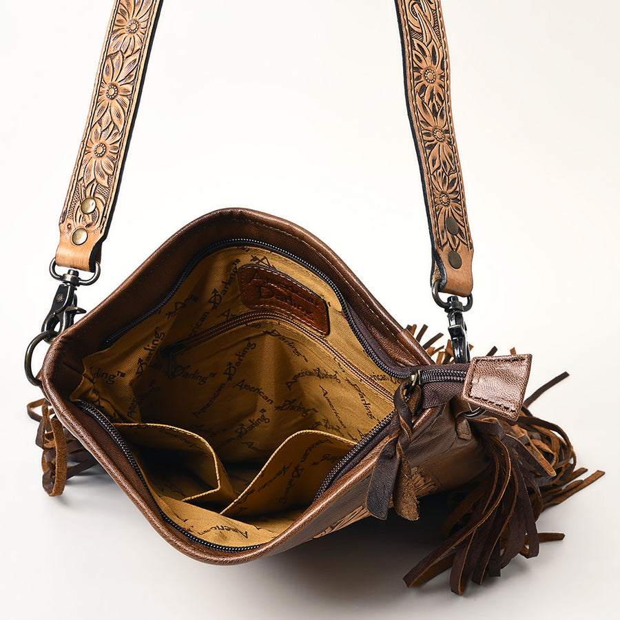 American Darling Messenger Bag, Hand Tooled Floral Leather, Hair-On Cowhide with Fringes, Western Crossbody Travel Purse