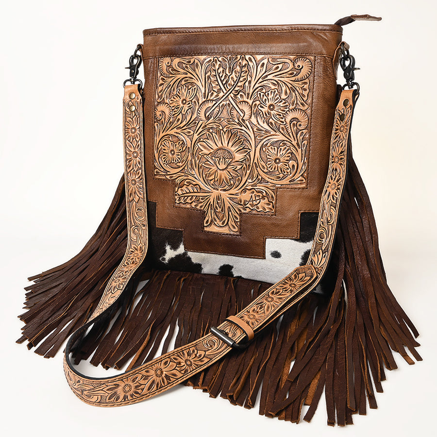 American Darling Messenger Bag - Hand Tooled Floral Leather and Hair-On Cowhide Purse - Uhorse